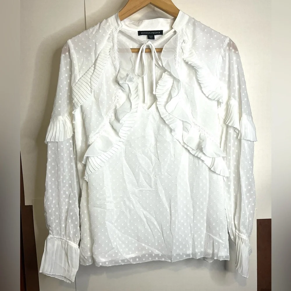 Boston Proper Women’s Size S White Ultra Romantic Frilly Polyester Blouse